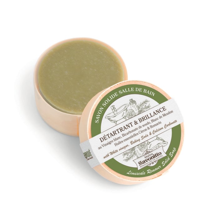 Clean and shine your bathroom naturally with our Solid Bathroom Soap: Descaler & Shine. Made with proven ingredients like Meudon white, white vinegar, and baking soda, this eco-friendly soap ensures a sparkling finish while protecting the environment.Solid bathroom soap "Descaler & Shine" in wooden box, with Meudon white and white vinegar 100g Maître Savonitto