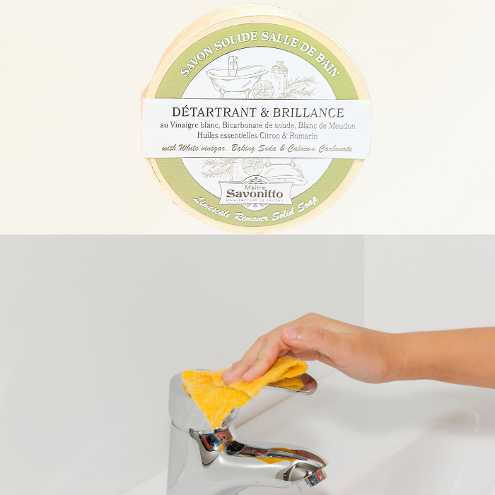 Clean and shine your bathroom naturally with our Solid Bathroom Soap: Descaler & Shine. Made with proven ingredients like Meudon white, white vinegar, and baking soda, this eco-friendly soap ensures a sparkling finish while protecting the environment.Solid bathroom soap "Descaler & Shine" in wooden box, with Meudon white and white vinegar 100g