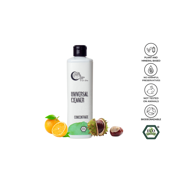Keep your home spotless and eco-friendly with our All-Purpose Cleaner. Powered by chestnut saponins and orange essence, this biodegradable cleaner is safe for all surfaces and effective against dirt and grime.Terra Gaia Concentrate All-Purpose Cleaner