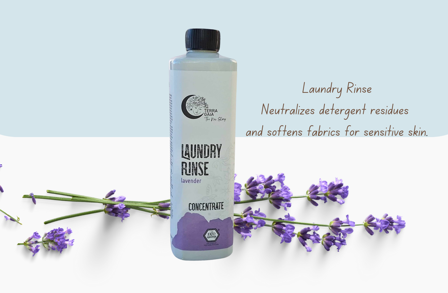 Laundry Rinse, enriched with organic lavender essential oil, this eco-friendly rinse neutralizes detergent residues, softens fabrics, and protects sensitive skin.