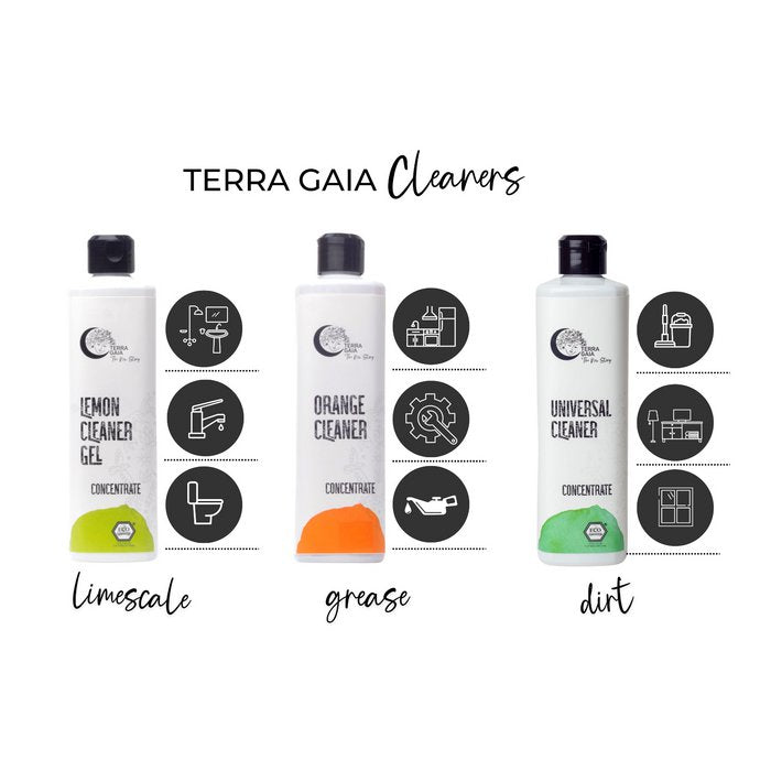 Keep your home spotless and eco-friendly with our All-Purpose Cleaner. Powered by chestnut saponins and orange essence, this biodegradable cleaner is safe for all surfaces and effective against dirt and grime.Terra Gaia Concentrate All-Purpose Cleaner