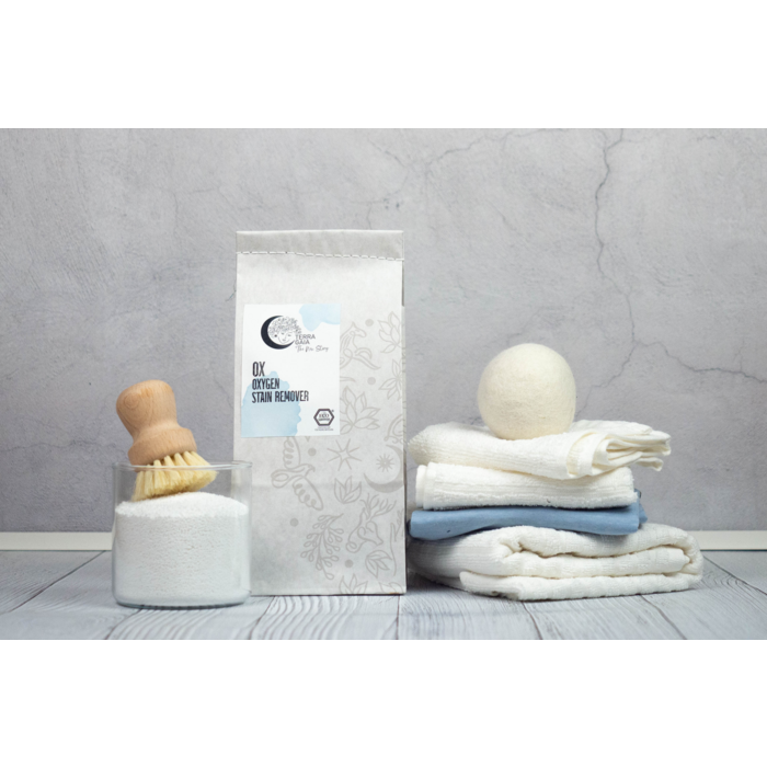Simplify your cleaning routine with OX - Oxygen Stain Remover and Cleaner. This versatile, eco-friendly stain remover delivers exceptional results for your laundry, kitchen, and household cleaning tasks. Terra Gaia OX - Oxygen Stain Remover and Cleaner.