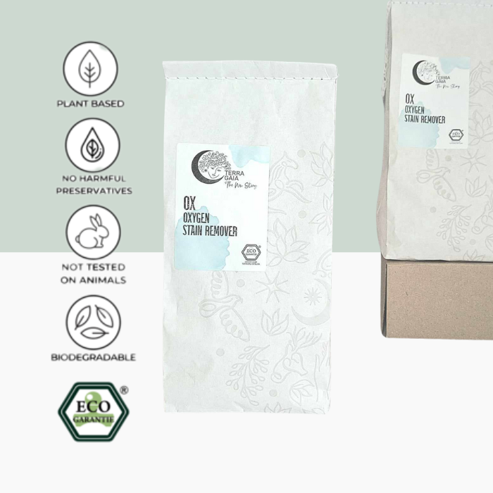 Simplify your cleaning routine with OX - Oxygen Stain Remover and Cleaner. This versatile, eco-friendly stain remover delivers exceptional results for your laundry, kitchen, and household cleaning tasks. Terra Gaia OX - Oxygen Stain Remover and Cleaner.