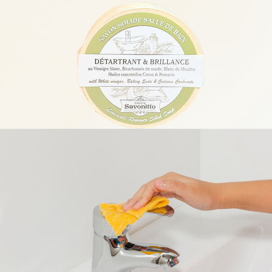 Clean and shine your bathroom naturally with our Solid Bathroom Soap: Descaler & Shine. Made with proven ingredients like Meudon white, white vinegar, and baking soda, this eco-friendly soap ensures a sparkling finish while protecting the environment.Solid bathroom soap "Descaler & Shine" in wooden box, with Meudon white and white vinegar 100g