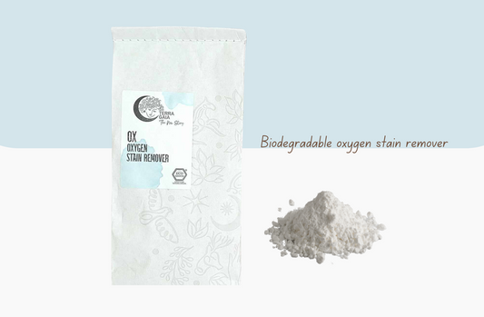 Simplify your cleaning routine with OX - Oxygen Stain Remover and Cleaner. This versatile, eco-friendly stain remover delivers exceptional results for your laundry, kitchen, and household cleaning tasks.  Terra Gaia OX - Oxygen Stain Remover and Cleaner.