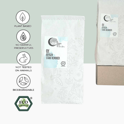 Simplify your cleaning routine with OX - Oxygen Stain Remover and Cleaner. This versatile, eco-friendly stain remover delivers exceptional results for your laundry, kitchen, and household cleaning tasks.  Terra Gaia OX - Oxygen Stain Remover and Cleaner.