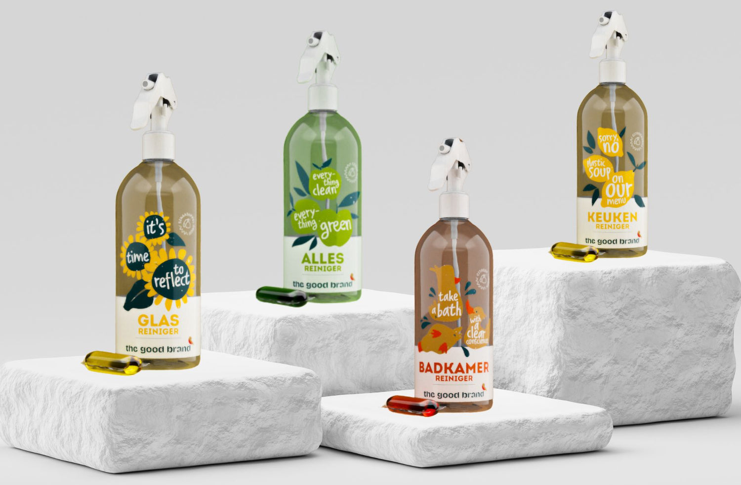 4 recycled plastic bottles, each pre-loaded with a specialized cleaning pod. Just add water to activate the cleaner and get started!

Bathroom: Tough on soap scum and grime.
Glass/Shiny Surfaces: Streak-free shine for glass and mirrors.
Kitchen: Effortlessly cuts through grease and kitchen messes.
All-Purpose: Ideal for everyday surfaces throughout your home.